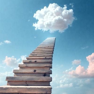 The primary subject of the image is a wooden ladder or staircase, which appears to be floating in the air. The ladder is made of wood and has a total of 12 steps. The setting is a cloudy blue sky, which serves as the backdrop for the ladder. The visual style of the image is a combination of photo and digital art, creating a surreal and dreamlike atmosphere. The colors in the image are predominantly blue and white, with the blue sky and white clouds providing a calming